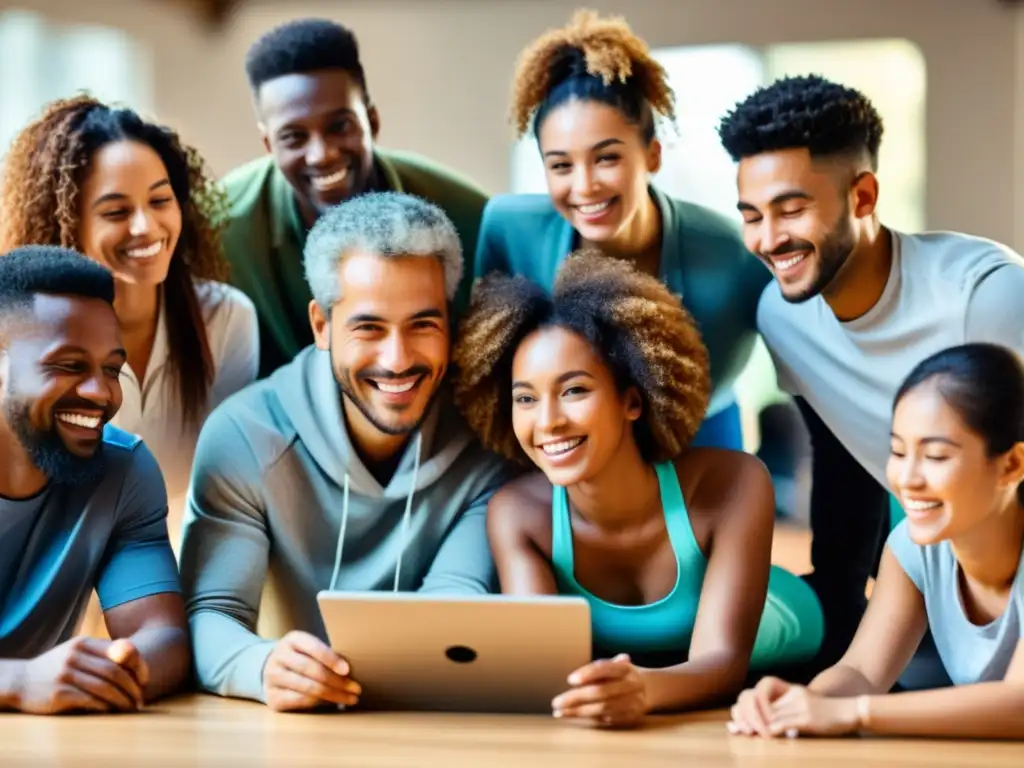 Diversas personas de diferentes edades y etnias reunidas alrededor de un dispositivo digital, participando en actividades en línea