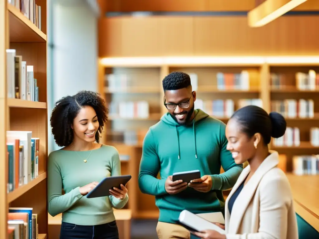 Diversas personas de diferentes edades y orígenes usan internet en una biblioteca, disfrutando de la igualdad de acceso a la red y los derechos humanos