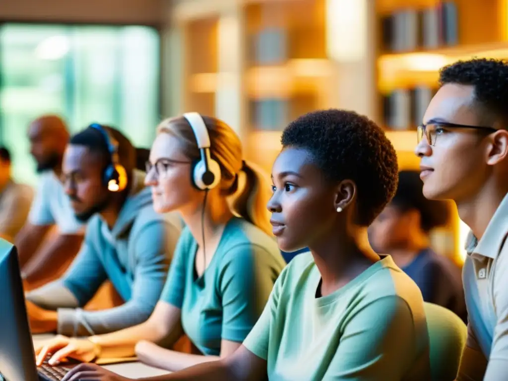 Personas de diferentes edades y orígenes usando tecnología en una biblioteca