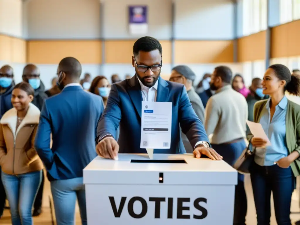 Personas votando en una estación electoral con tecnología de IA, destacando el impacto de la IA en elecciones justas y transparentes