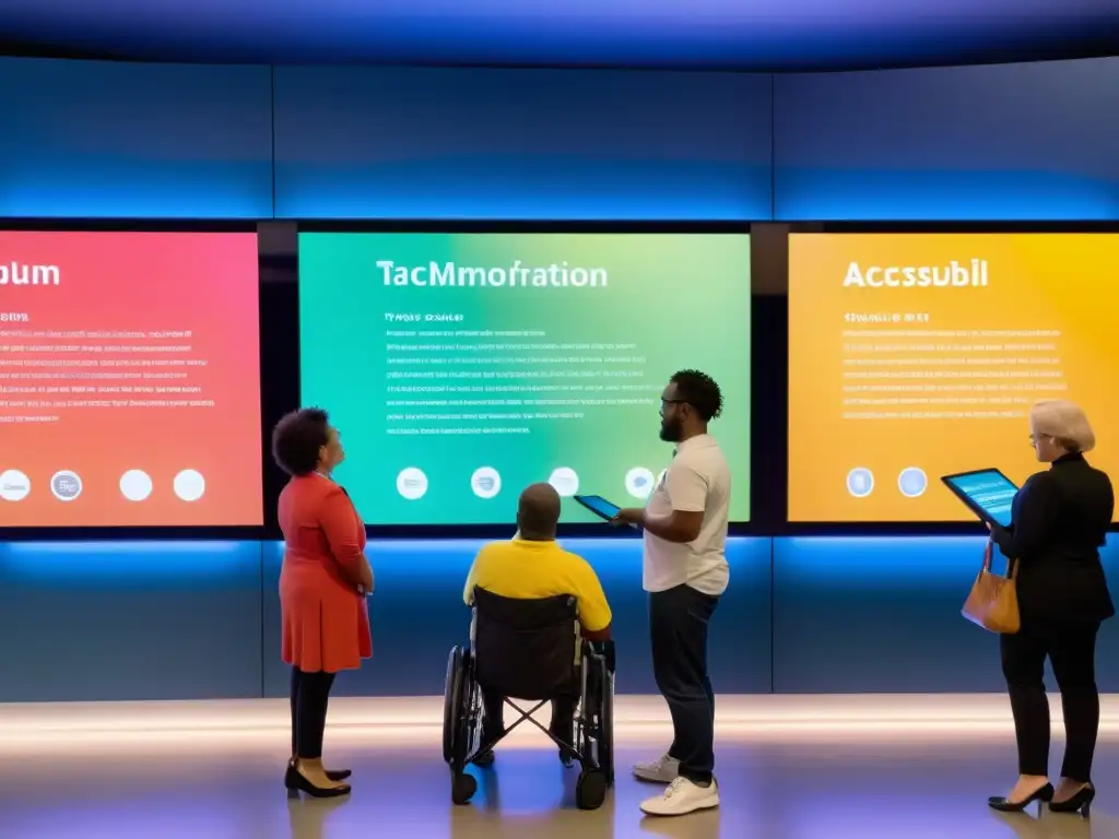 Diversas personas disfrutan de una exposición interactiva accesible en el museo, mostrando la lucha por la accesibilidad informativa global