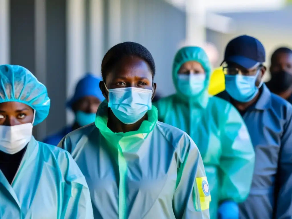 Personas en fila para pruebas de COVID19 en punto de cuarentena obligatoria, con personal médico en equipo protector