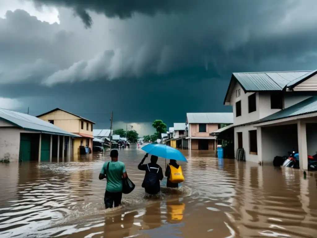 Personas atraviesan inundación en ciudad, llevando pertenencias sobre el agua