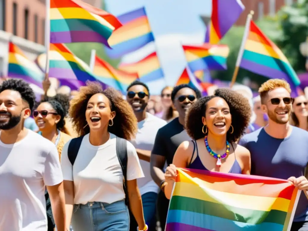 Diversas personas marchan juntas en un desfile del orgullo LGTBIQ+, ondeando banderas coloridas