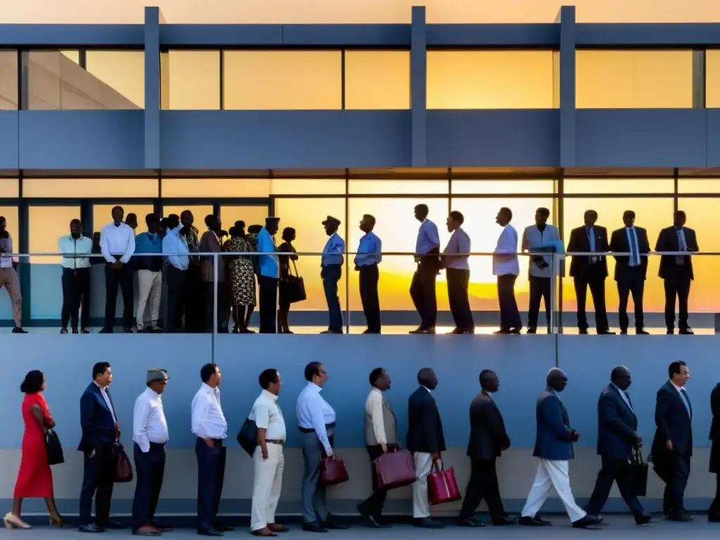 Personas esperan en larga fila para cambio de divisa, con la tensión palpable y el sol poniéndose detrás