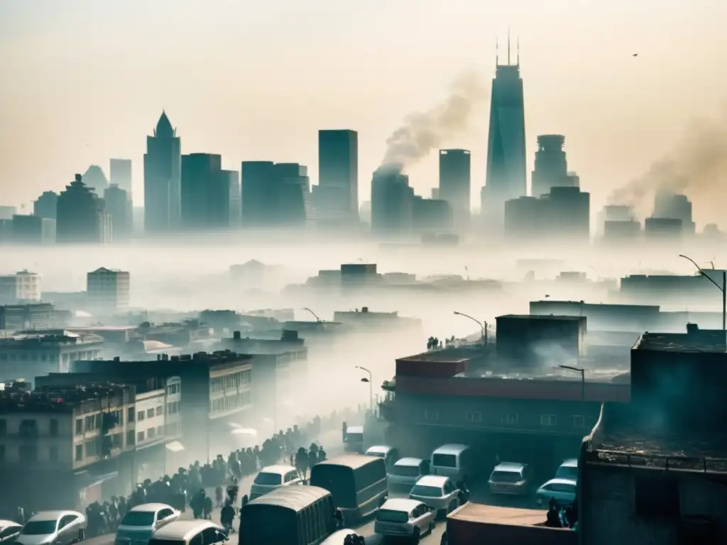 Personas usando máscaras en una ciudad con smog, destacando la importancia de la calidad del aire como derecho humano