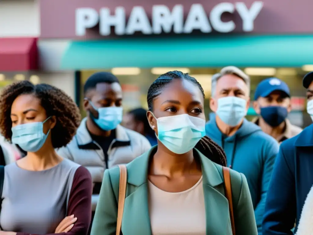 Personas esperando con mascarillas en fila fuera de una farmacia durante una pandemia, resaltando la urgencia de Acceso a medicamentos en pandemias