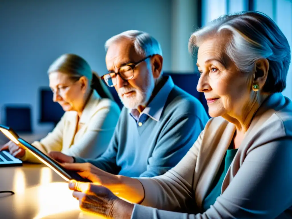 Personas mayores aprendiendo a usar tablets y laptops en un ambiente luminoso