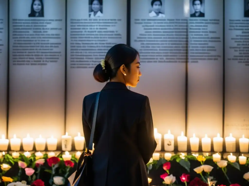 Personas en memorial de desapariciones forzadas en dictaduras, con velas y mensajes de recuerdo, rostros sombríos bajo tenue luz