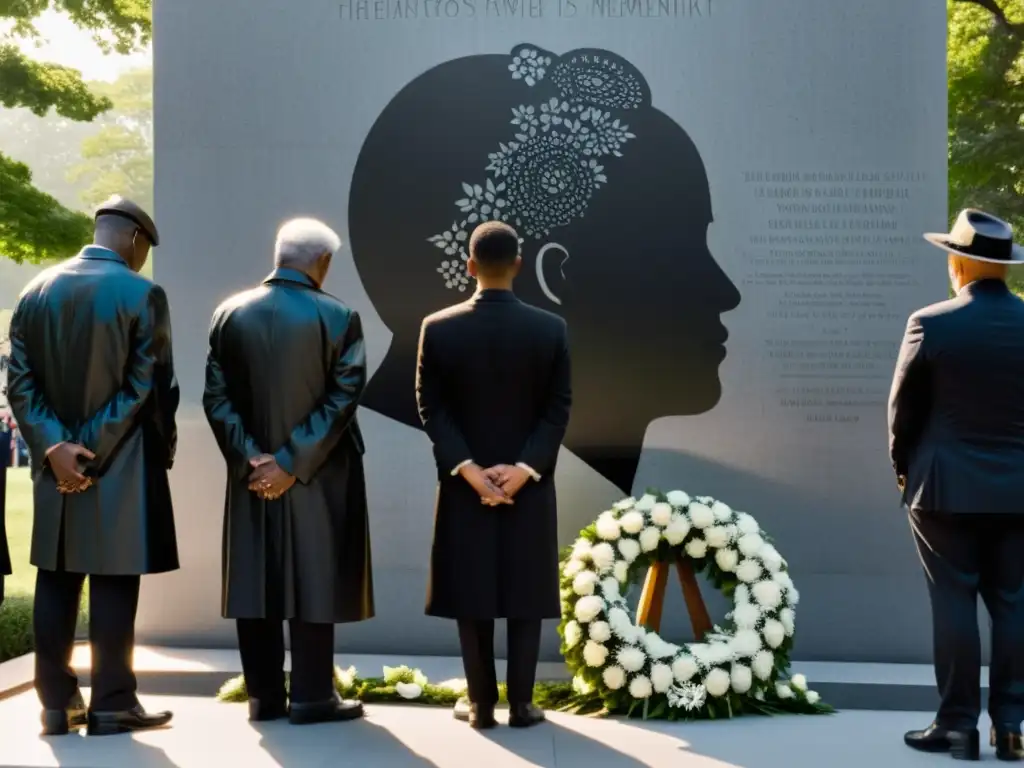 Personas reflexionando en un memorial con expresiones solemnes, destacando la importancia de recordar para la democracia