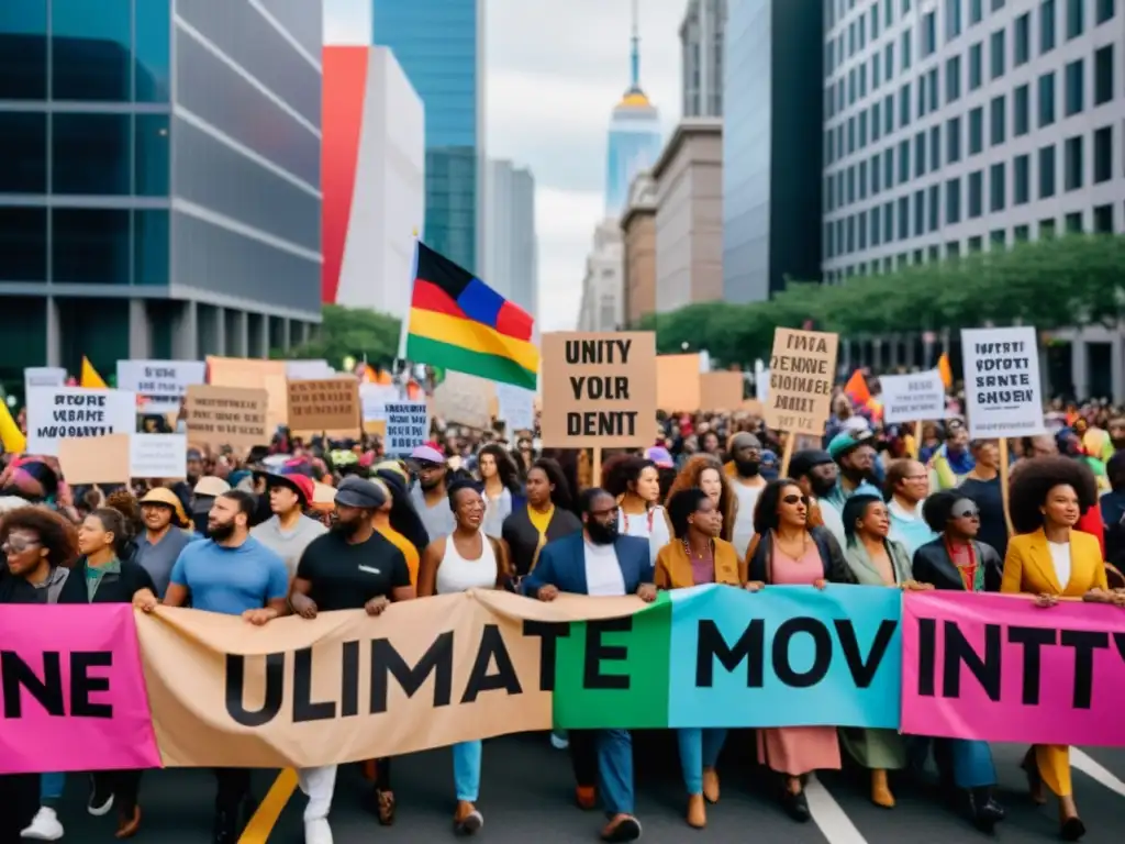 Diversas personas marchan unidas con pancartas de protesta climática en la ciudad, demostrando determinación y unidad