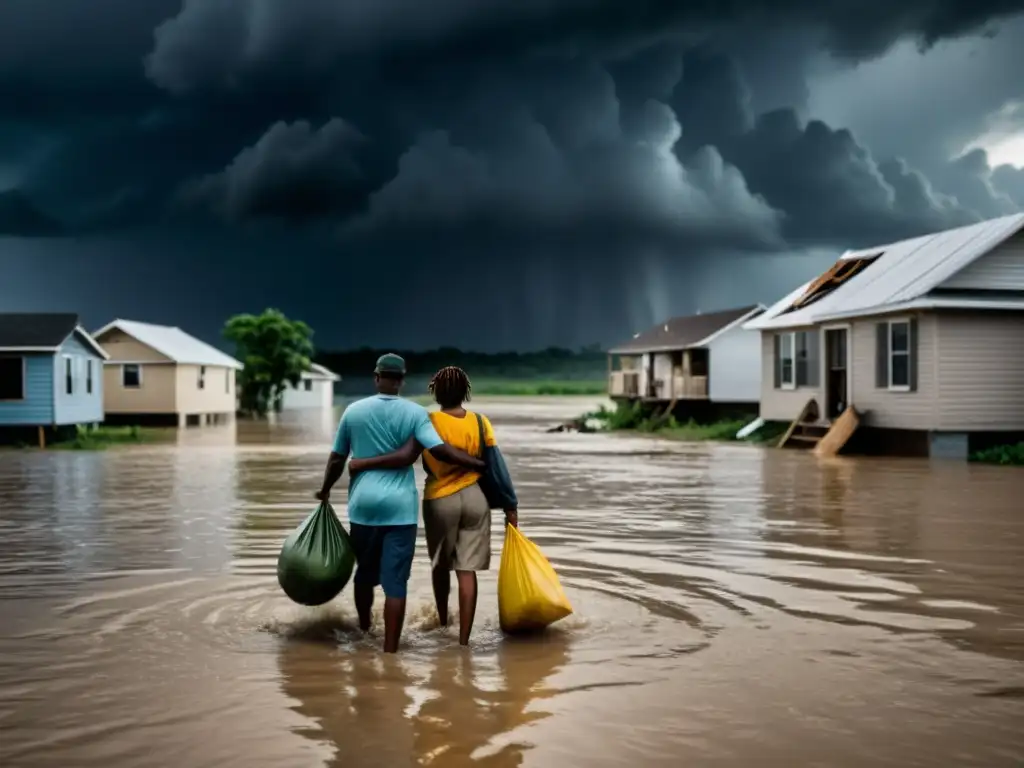 Personas cargando sus pertenencias atraviesan aguas de inundación con casas destruidas y nubes tormentosas