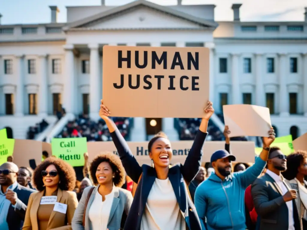 Diversas personas participan en una protesta pacífica por el Derecho Internacional y Derechos Humanos frente a un edificio gubernamental histórico