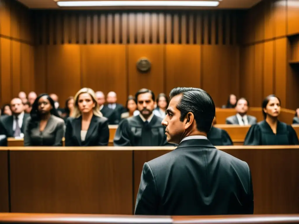 Personas en una sala de tribunal, con expresiones tensas, esperando el veredicto