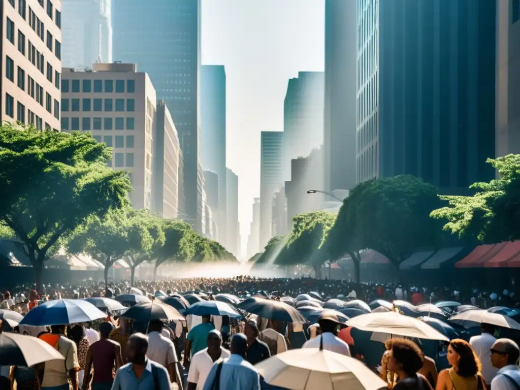 Personas buscan sombra en una calle abarrotada durante una ola de calor en la ciudad