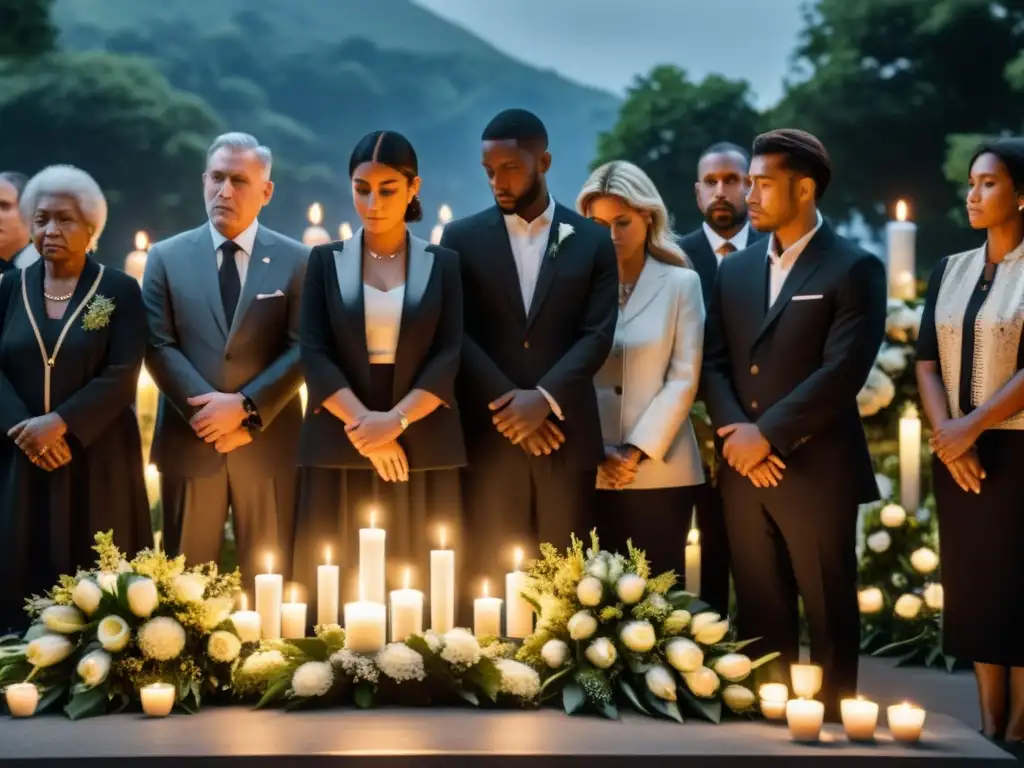 Personas sombrías se reúnen alrededor de un memorial con flores y velas, creando un ambiente de preservación de la memoria histórica