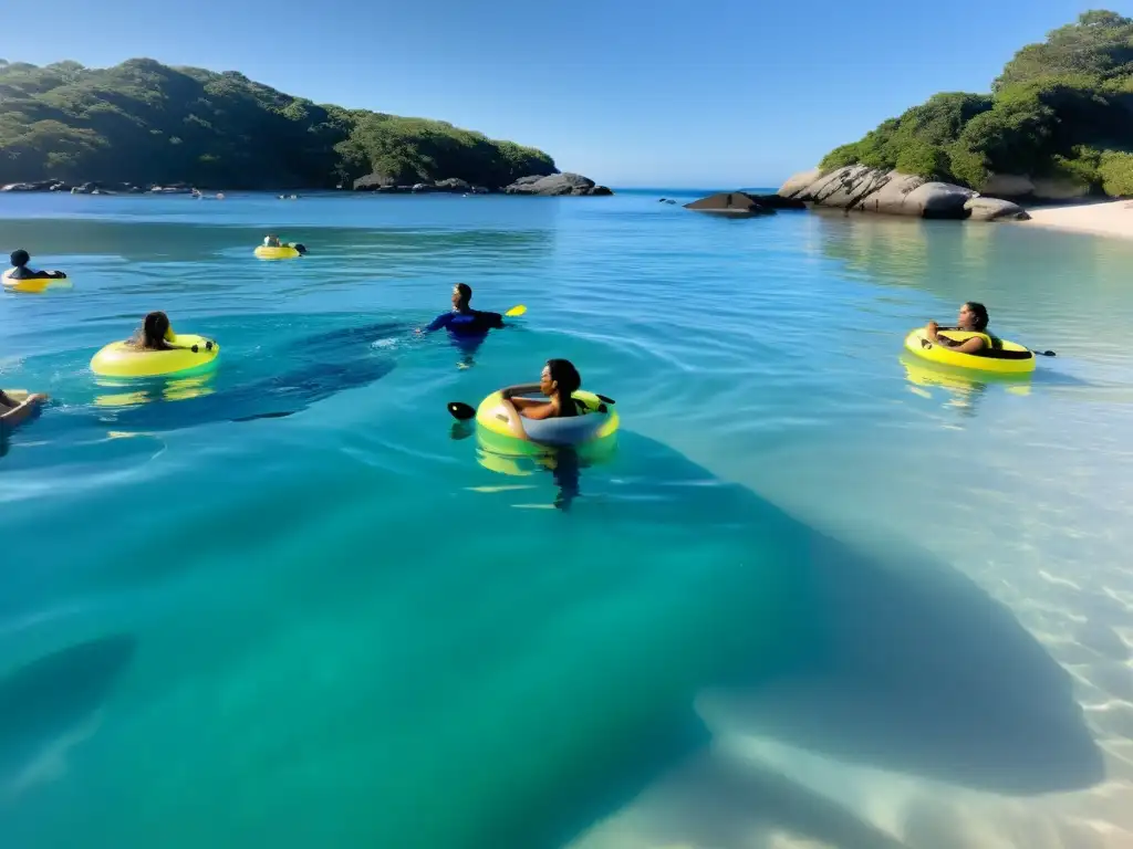 Terapia acuática serena: sanación en el mar 'Personas participando en terapias acuáticas para superar traumas en un escenario sereno y soleado en el océano, guiadas por un terapeuta