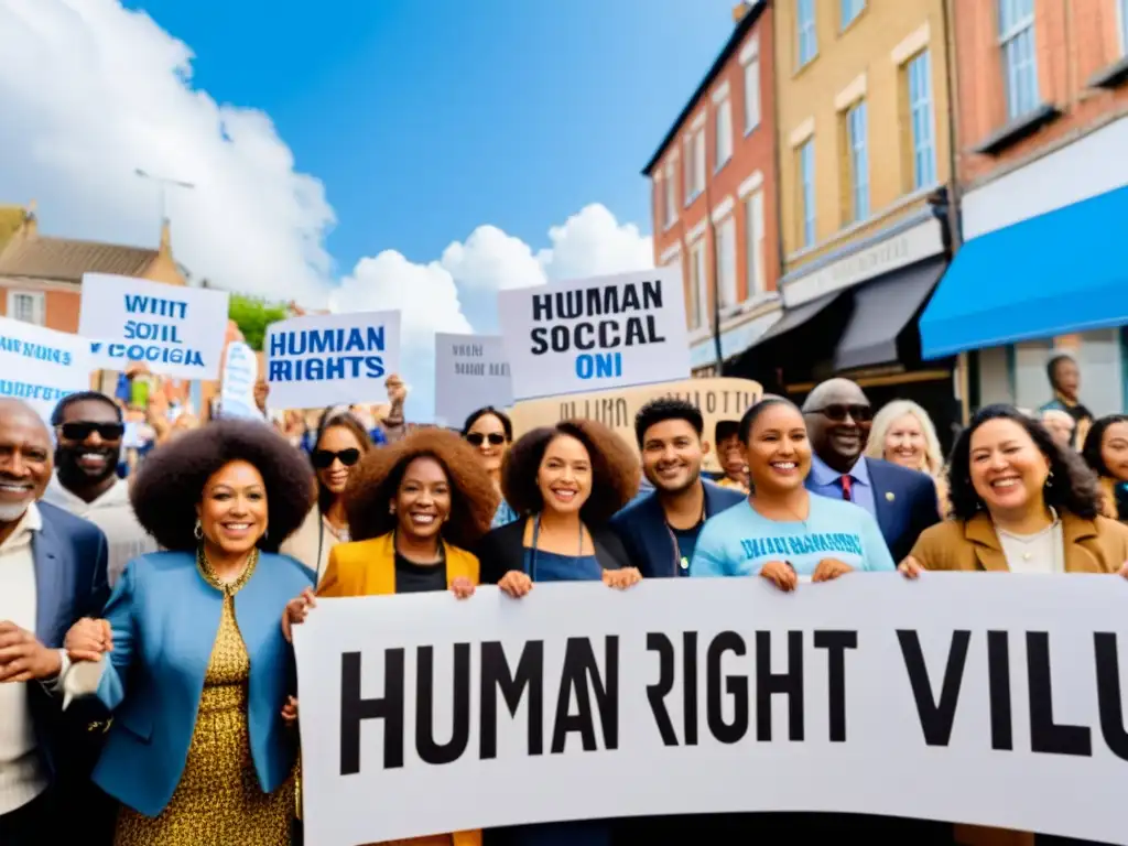 Diversas personas unidas en la calle, sosteniendo carteles por los derechos humanos