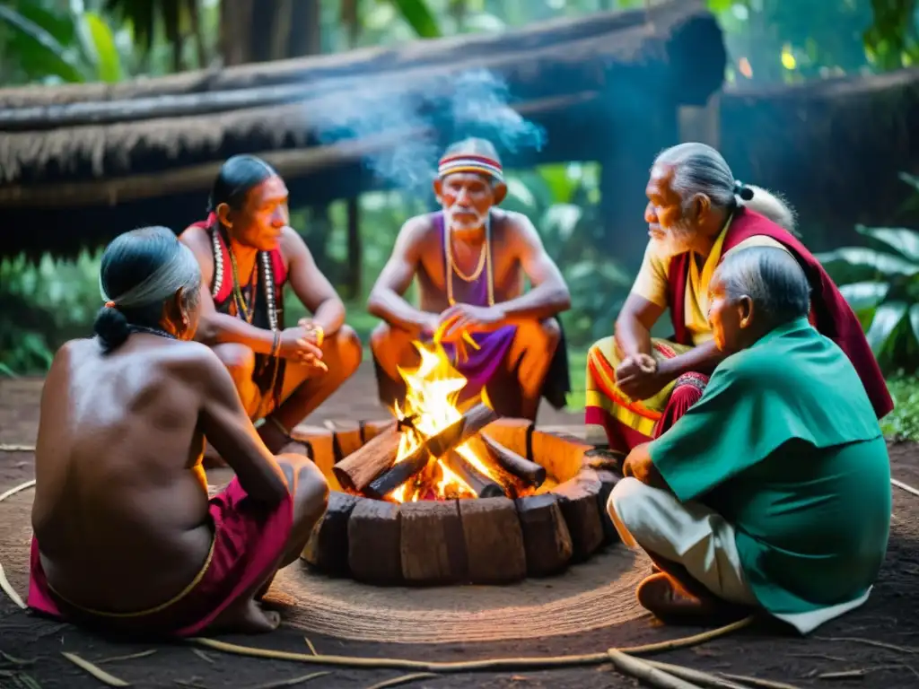 Sabiduría ancestral en la selva: diálogo entre líderes indígenas Perspectivas indígenas cambio climático: Sabios indígenas reunidos alrededor de una fogata en la selva, expresando sabiduría y preocupación