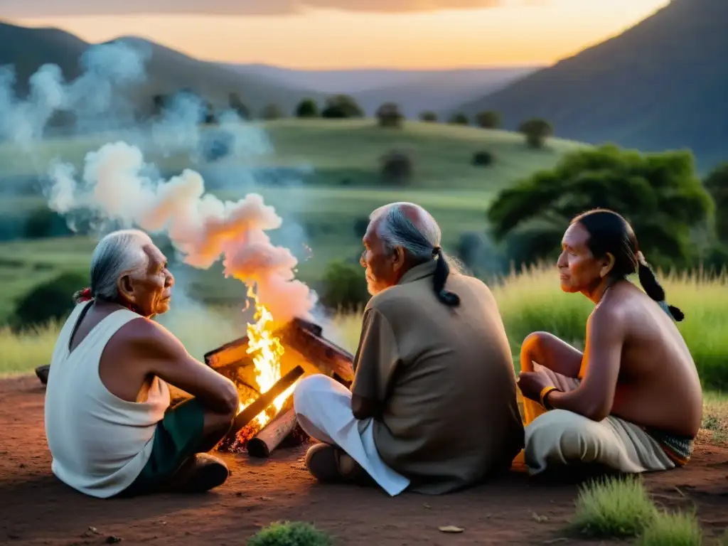 Conversación ancestral al atardecer: sabiduría indígena junto al fuego Perspectivas indígenas cambio climático: Ancianos indígenas en profunda discusión alrededor de una fogata al atardecer, con expresiones contemplativas y atuendos tradicionales coloridos, en un paisaje sereno de colinas verdes