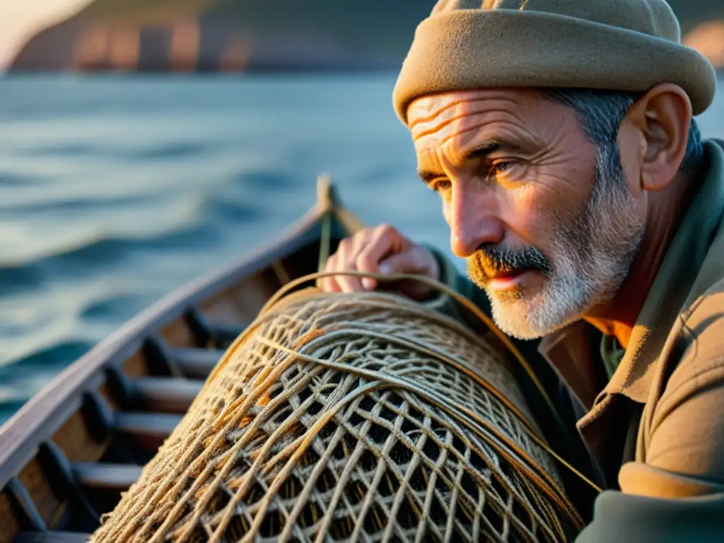 Un pescador desenreda una red de pesca sobre un bote de madera al amanecer, con luz dorada