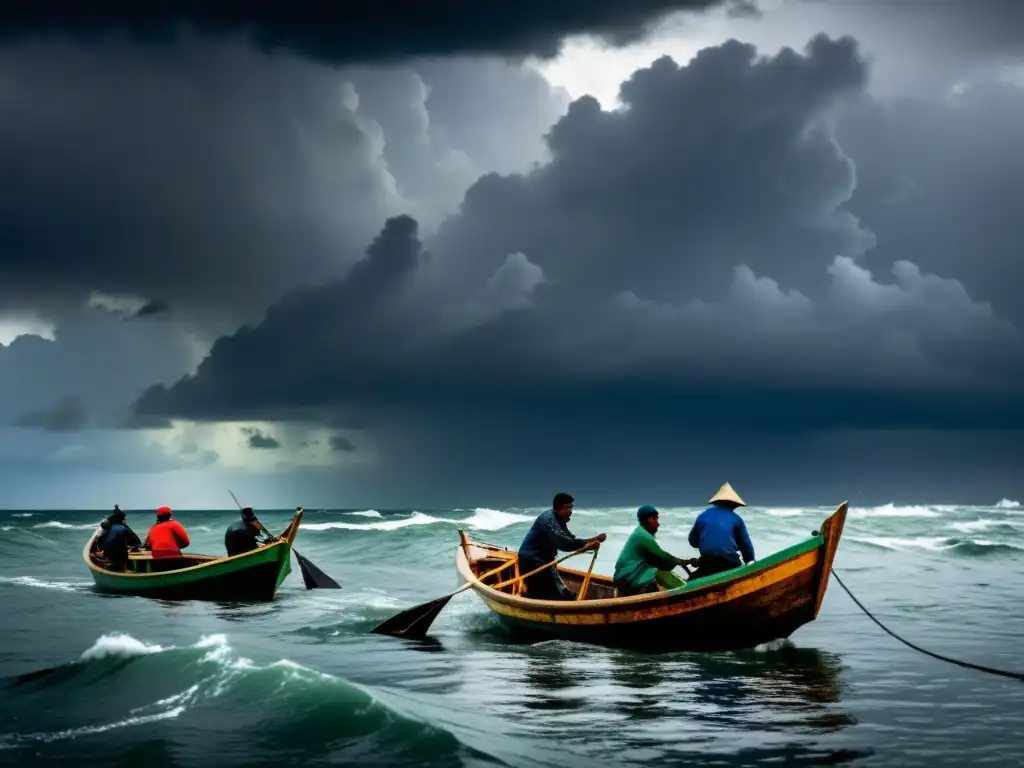 Pescadores en barcos de madera luchando contra el mar agitado bajo nubes de tormenta, reflejando el impacto del cambio climático en pescadores