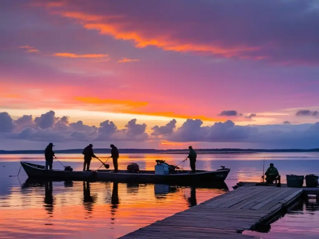 Pescadores preparando sus barcos y redes en un muelle al amanecer, reflejando el impacto del cambio climático en pescadores