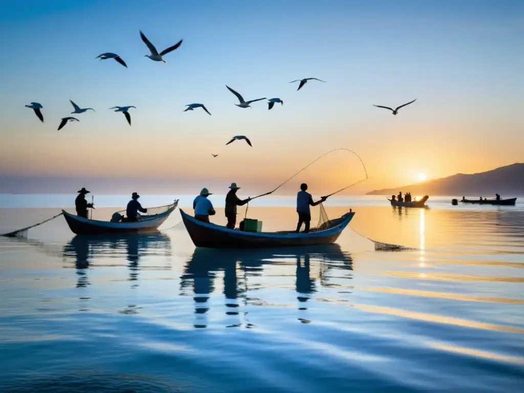 Pescadores en un bote de madera tradicional lanzando sus redes en el resplandeciente océano al amanecer, con gaviotas revoloteando