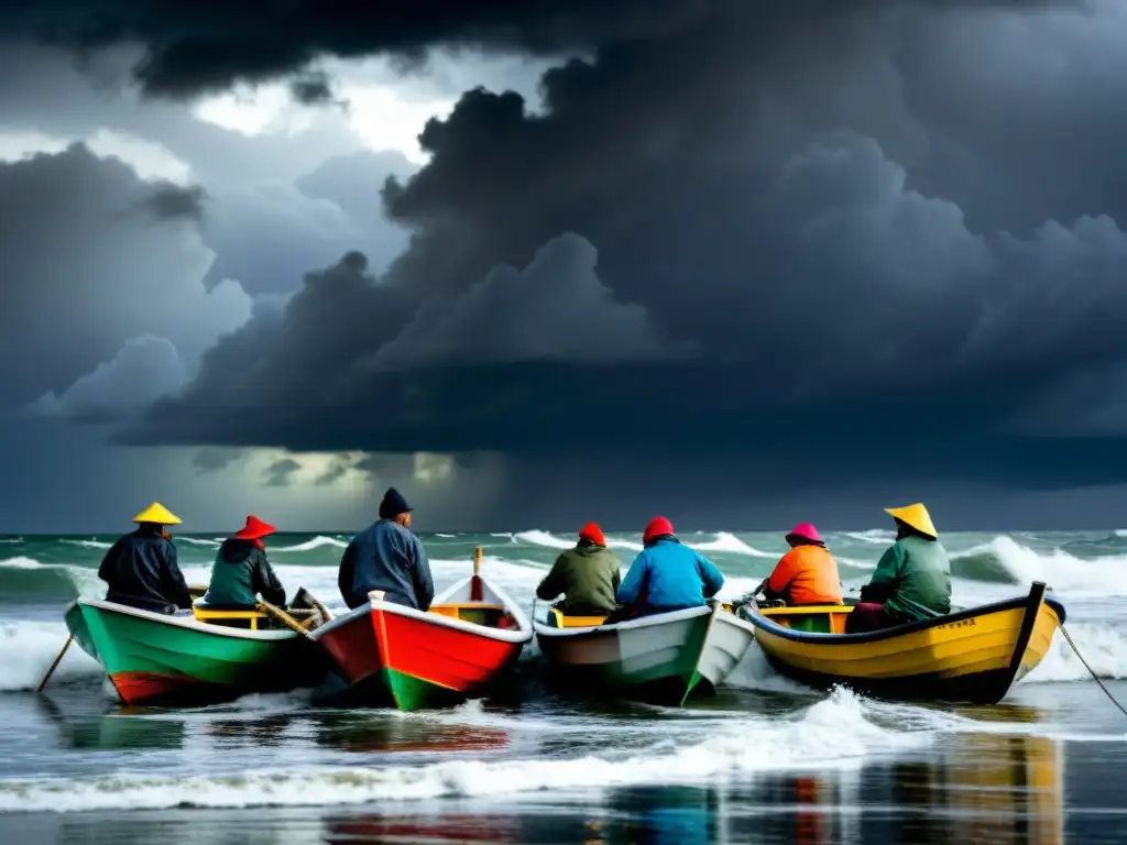 Pescadores desafiando el impacto del cambio climático en un mar agitado, rodeados de nubes tormentosas y determinación en sus rostros