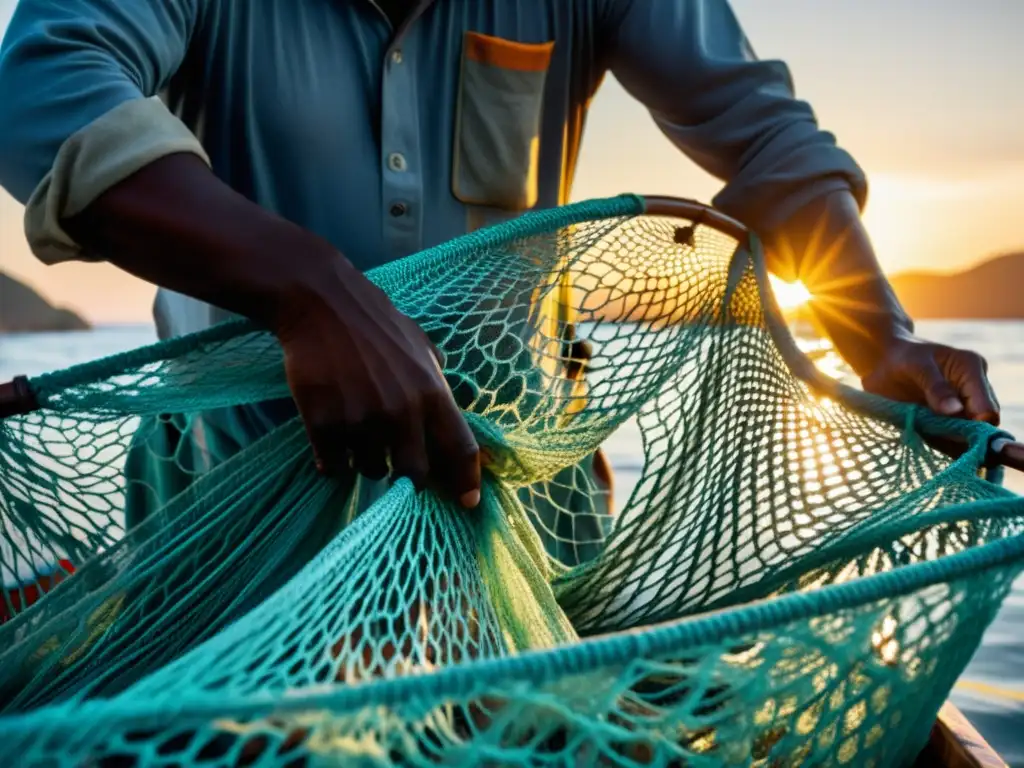 Pescadores en la madrugada, sus manos trabajadas y las escamas brillantes de los peces en las redes