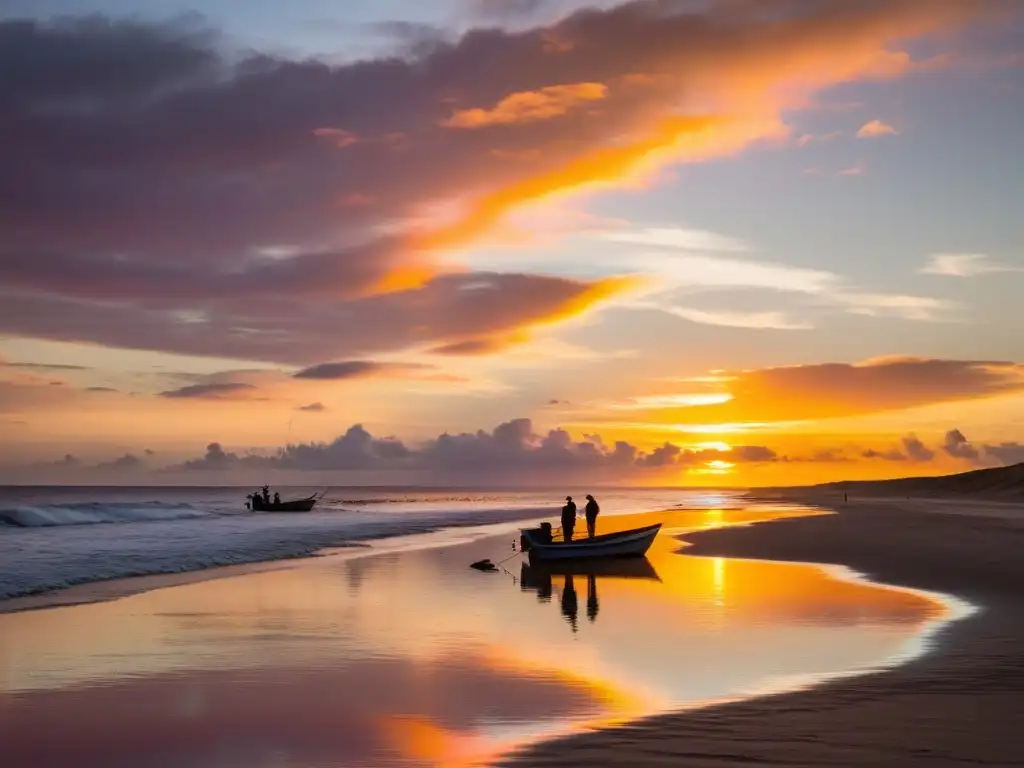 Pescadores de pie en la orilla al atardecer, reflejando el impacto del cambio climático en pescadores con determinación en la costa dorada