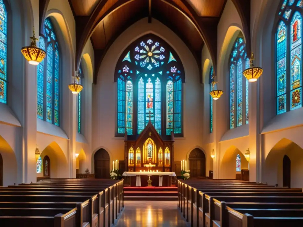 Una pintura al óleo detallada muestra el interior de una iglesia, con juegos de luz y sombra en el altar