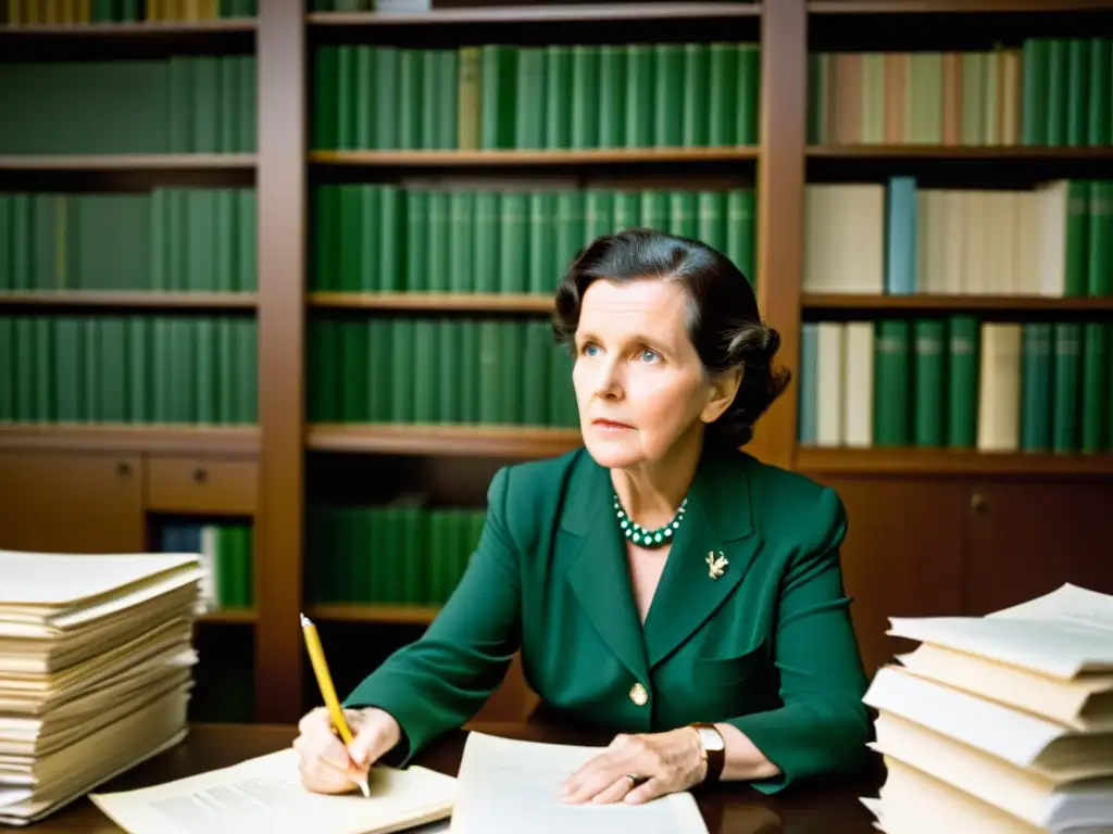 Rachel Carson, pionera ambientalista, lucha contra la censura en la Era Ecológica en su escritorio, rodeada de documentos, con expresión decidida