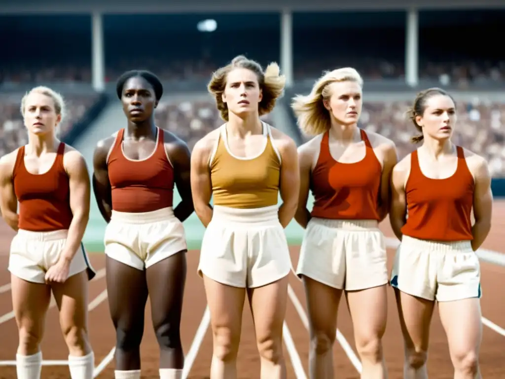 Pioneras del deporte femenino desafían barreras en imagen sepia, mostrando fuerza y determinación ante el estadio