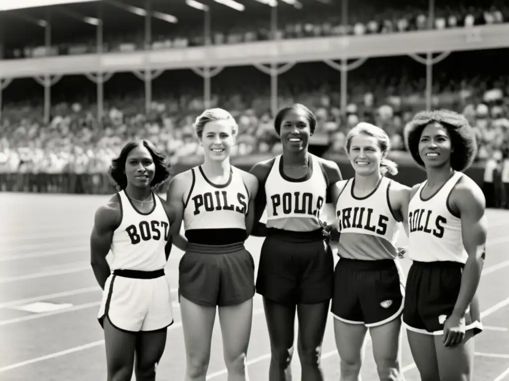 Pioneras del deporte femenino: Fotografía en blanco y negro de atletas de principios del siglo XX, luciendo trofeos y miradas determinadas en una pista