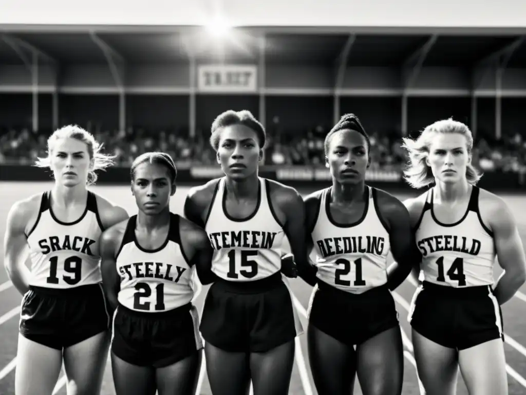 Pioneras del deporte femenino, grupo de mujeres determinadas en atuendos deportivos vintage, con mirada firme y fuerte en una pista de atletismo