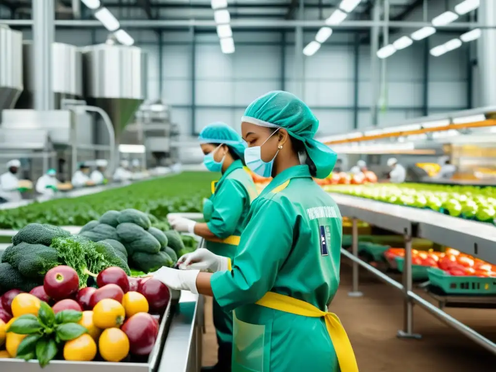 Planta de procesamiento de alimentos con trabajadores inspeccionando productos frescos y promoviendo prácticas sostenibles