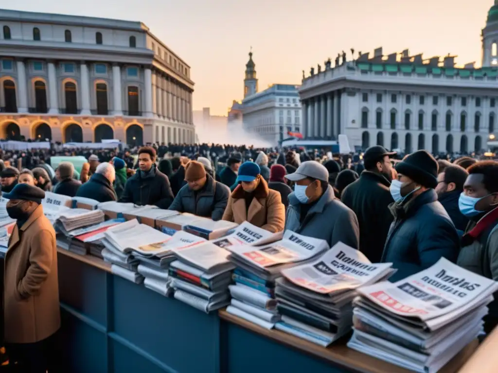 En una plaza abarrotada, la batalla por la información en regímenes autoritarios se refleja en la urgencia y tensión de la gente buscando periódicos