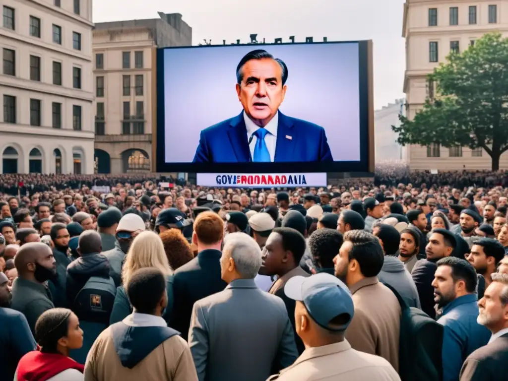 En una plaza abarrotada, un grupo desafiante intenta contraatacar la manipulación mediática en un régimen de control autoritario