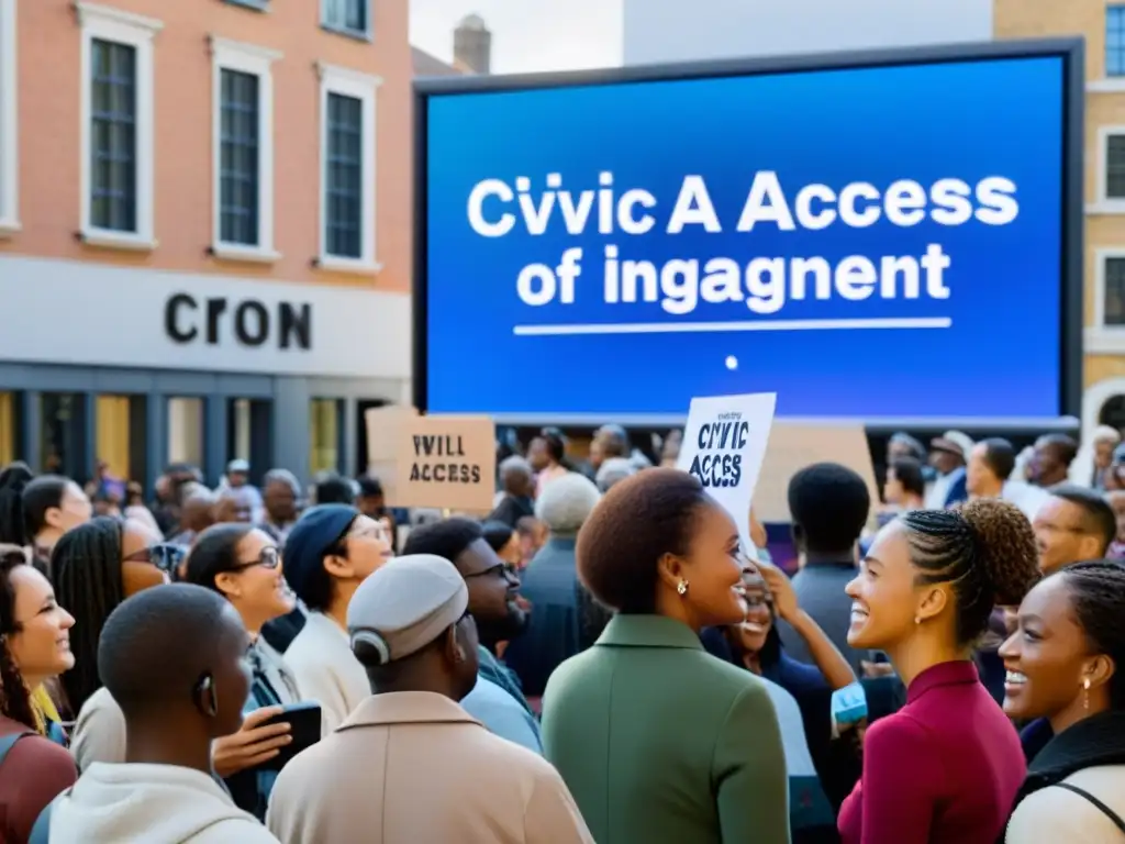 Plaza de la ciudad bulliciosa con diversidad de personas comprometidas en actividades de participación ciudadana en la era digital