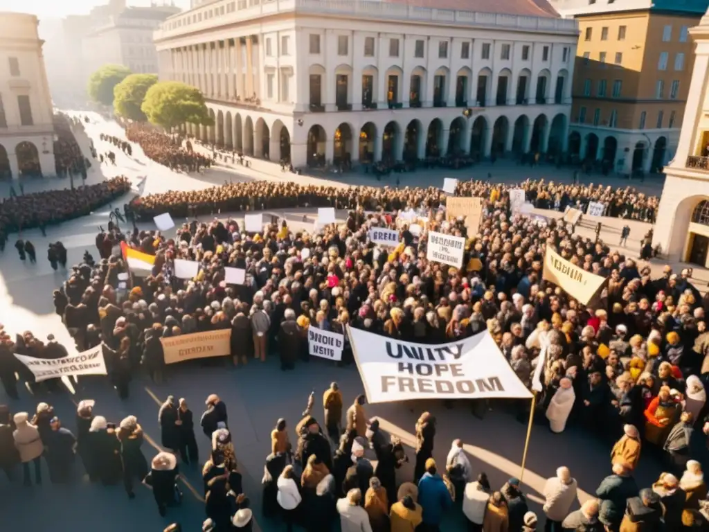 Plaza de la ciudad llena de personas diversas con carteles, expresando sus opiniones en defensa de la libertad de expresión