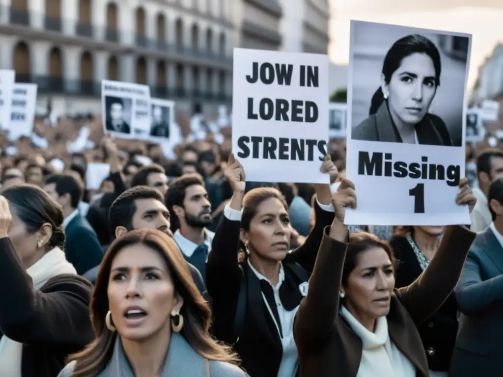 Manifestación en plaza durante dictadura argentina: rostros de dolor, determinación y resiliencia