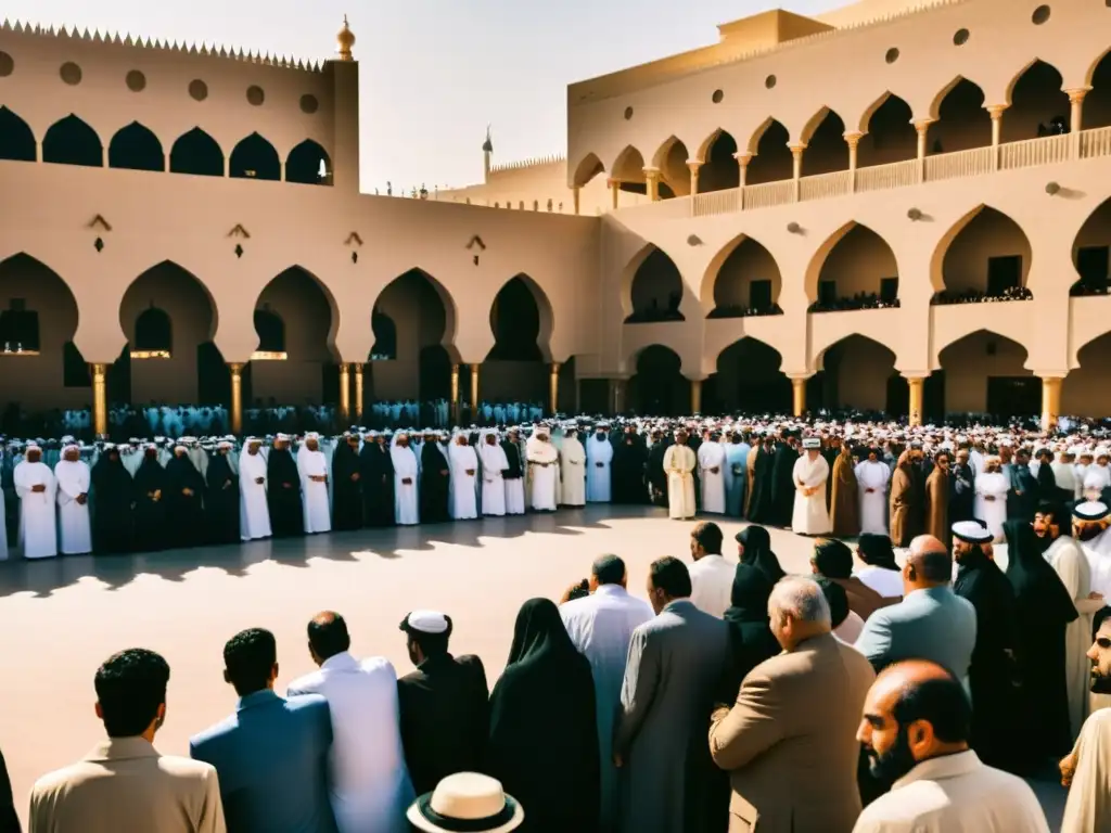 Plaza pública en Arabia Saudita con fila de personas, sombras y estructura imponente