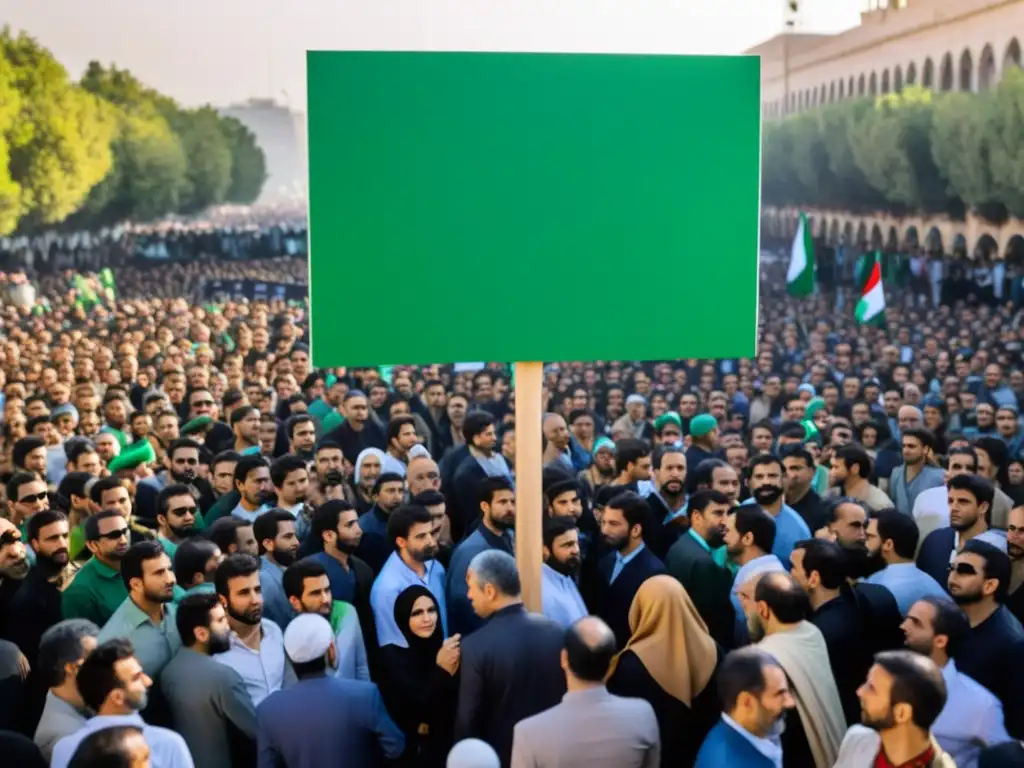 Manifestación en plaza de Irán con signos y pancartas verdes, lucha por derechos humanos y contra la censura en Irán