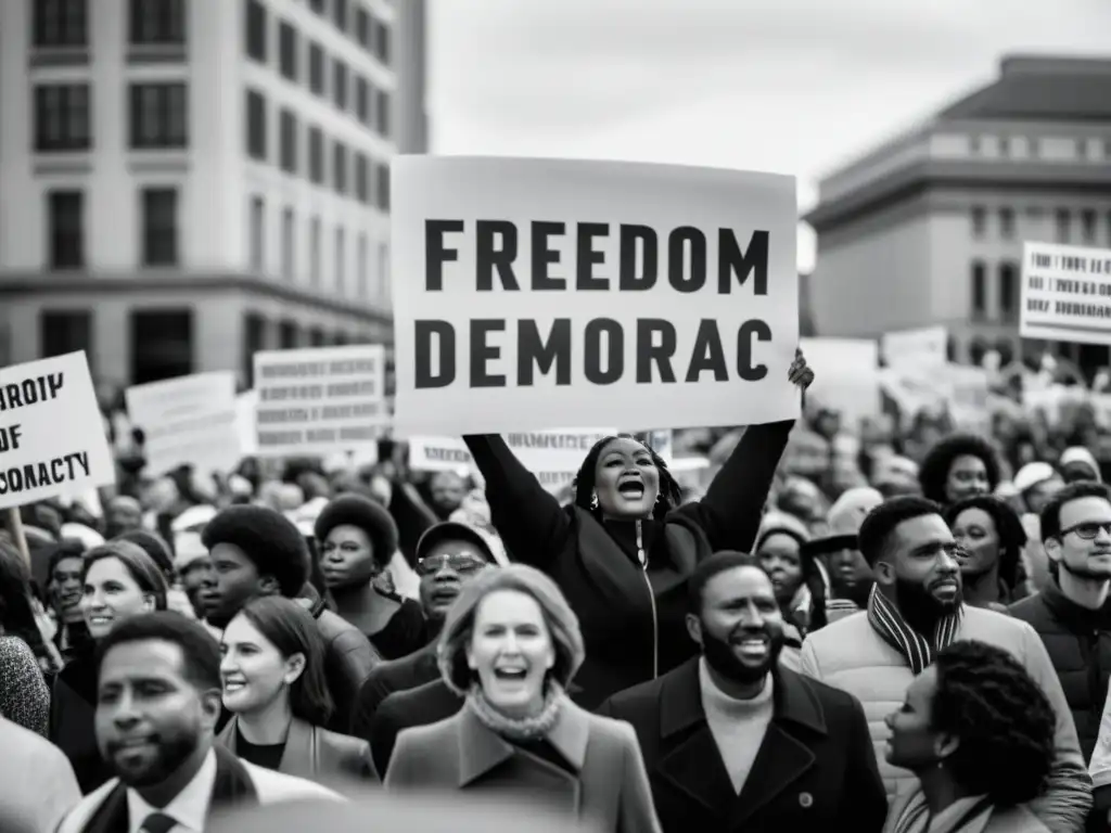 Manifestación en la plaza pública por la transición de regímenes autoritarios a democracias globales, llenando de esperanza la nación