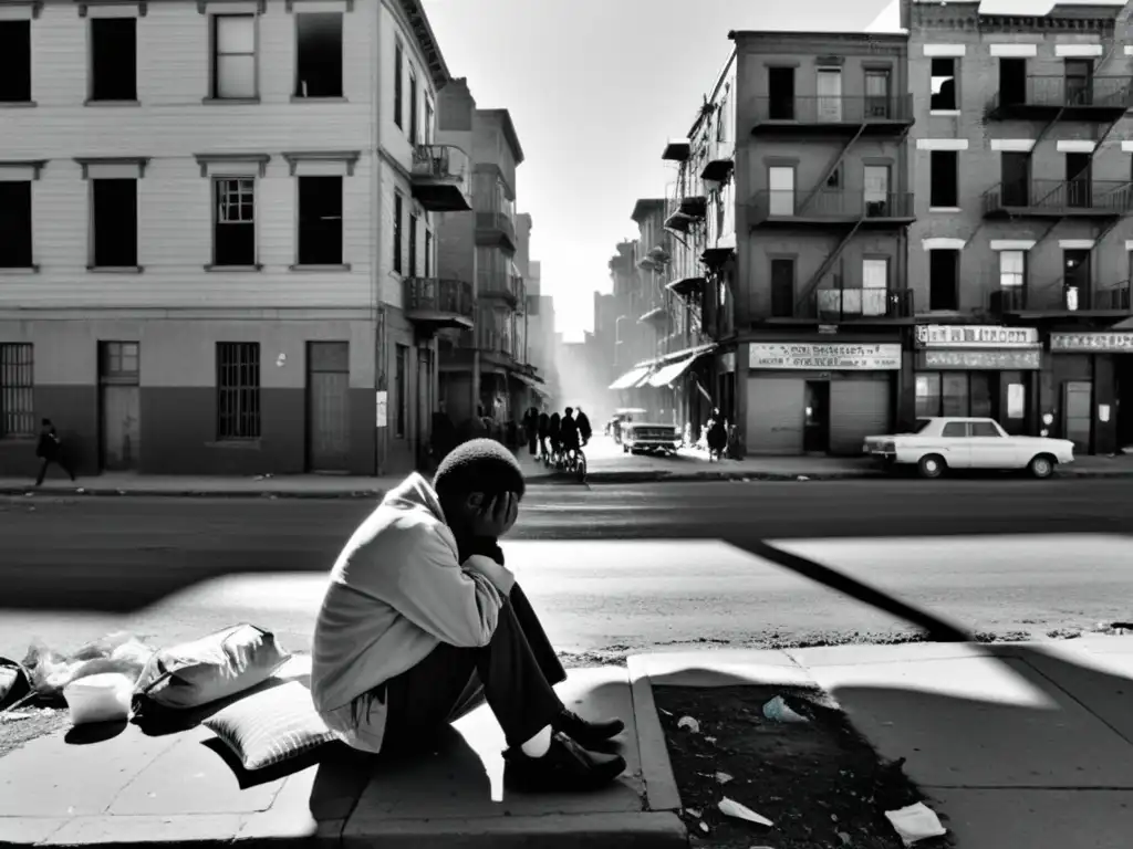 Pobreza y salud mental global: Imagen en blanco y negro de un área urbana deteriorada y abarrotada con edificios ruinosos, calles llenas de basura y personas con expresiones abatidas, destacando la desesperanza y la dureza de la vida