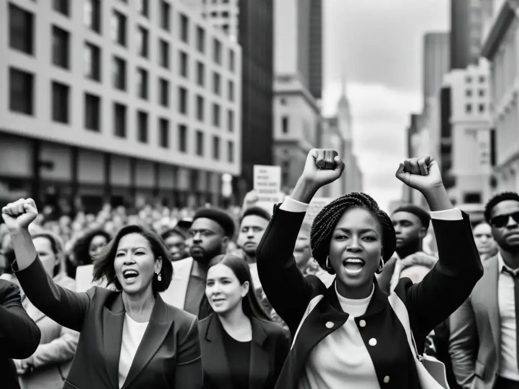 Una poderosa fotografía en blanco y negro de un grupo diverso alzando los puños en señal de unidad y empoderamiento en una calle de la ciudad