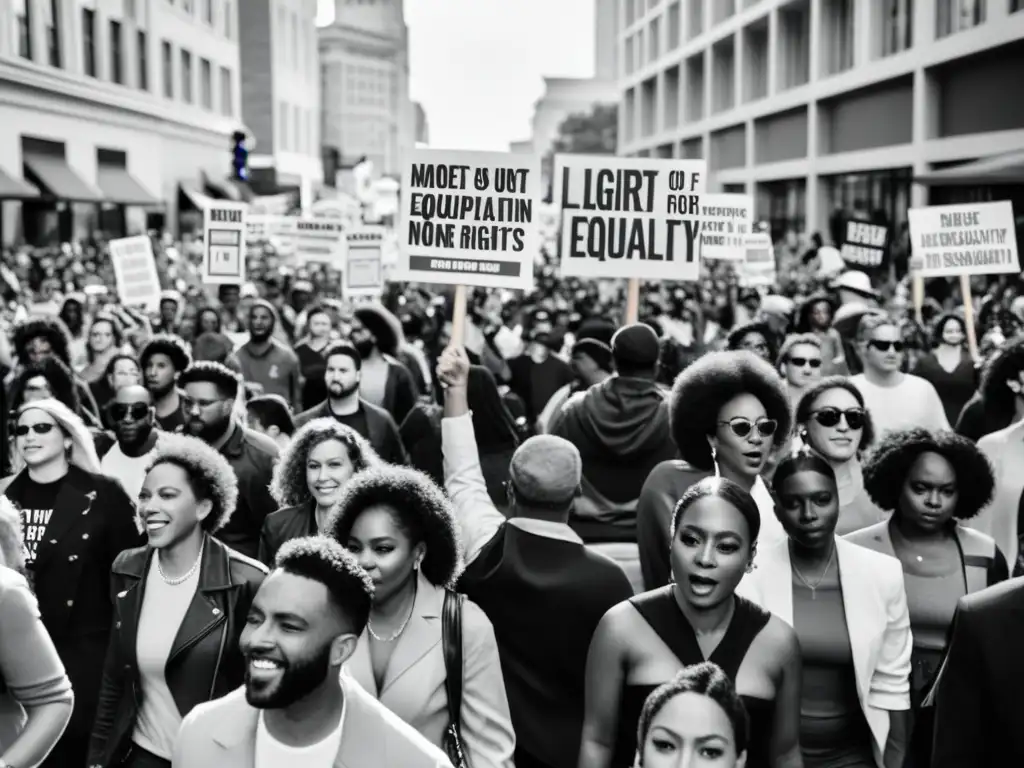 Una poderosa imagen en blanco y negro de una multitud diversa marchando unida en una protesta por los derechos LGBTQ+