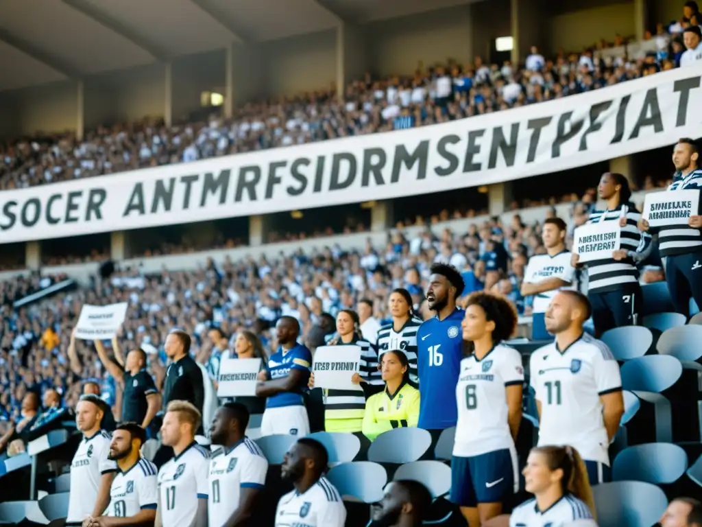 Una poderosa imagen en blanco y negro de aficionados diversos de fútbol unidos en las gradas, mostrando pancartas con mensajes antidiscriminación