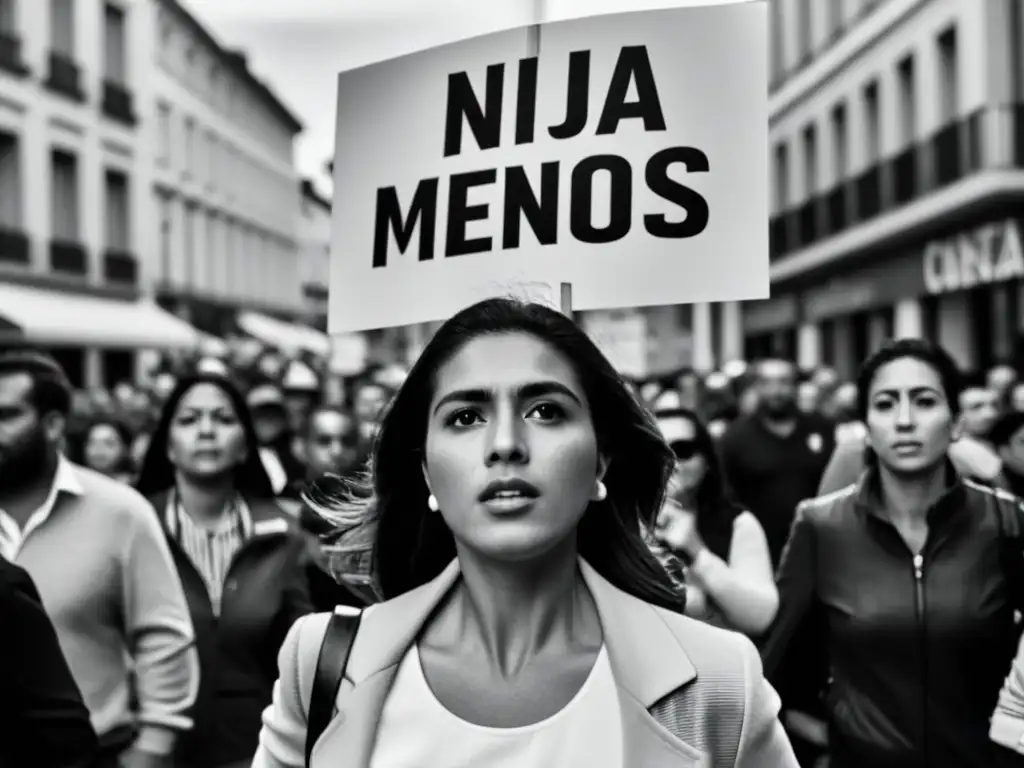 Una poderosa imagen en blanco y negro de una mujer sosteniendo un letrero que dice 'Ni una menos' en una concurrida calle de la ciudad